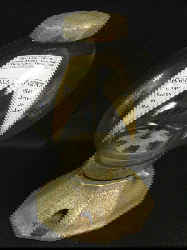 SIMPSON 123 1 CENT GUMBALL MACHINE COMPLETE: SIMPSON 123 1 CENT GUMBALL MACHINE COMPLETE Simpson model 123 1 cent gumball machine, Mechanism works great as designed: first penny = 1 pull, 2nd penny = 2 pulls, 3rd penny = 3 pulls, 6 balls for 3 c