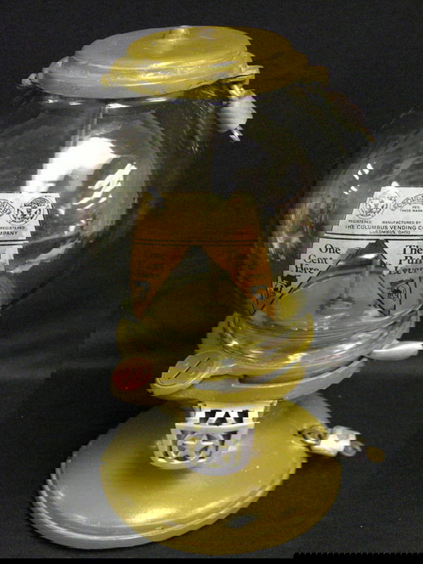 COLUMBUS MODEL A 3 1 CENT GUMBALL MACHINE: COLUMBUS MODEL A 3 1 CENT GUMBALL MACHINE Columbus model A-3 1 cent gumball machine, Coin slot cover is stamped A-3, Repainted, Decal appears to be a reproduction, Globe is original and looks great, M