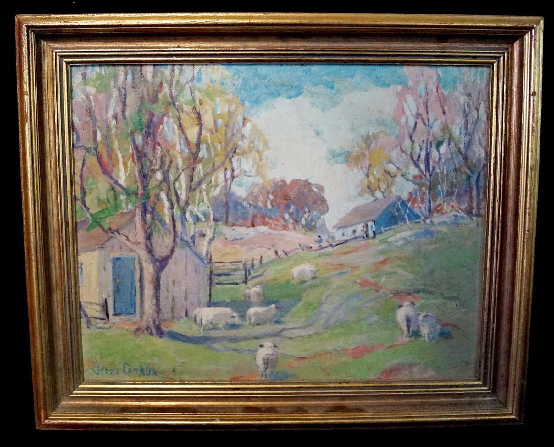 JESSIE CONKLIN SGN. O/B  "SHEEP IN A PASTURE NEAR FARM" (1 of 3)