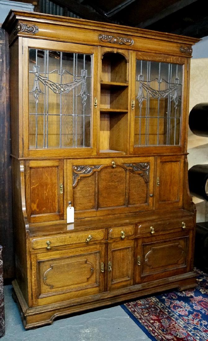ANTIQUE OAK LEADED GLASS CABINET W/ FALL FRONT DESK (1 of 5)