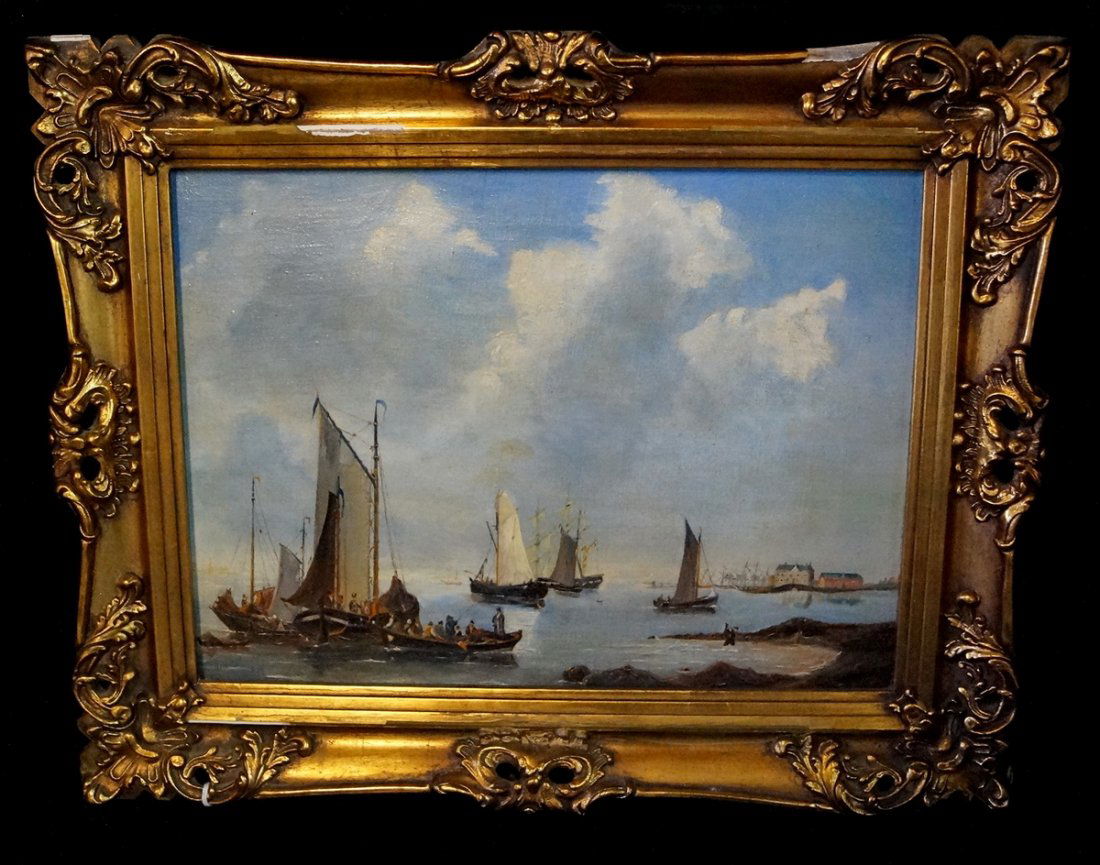 E.L. SHOTEL (?) SGN. O/C "SHIPS IN A HARBOR" (1 of 6)