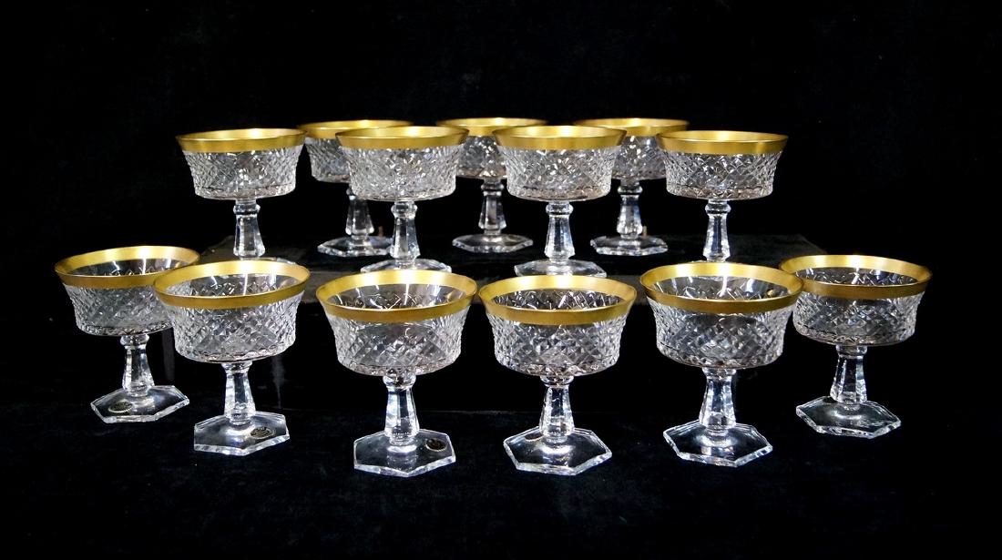 13 BAVARIAN CUT CRYSTAL GILT RIM SHERBETS: 13 BAVARIAN CUT CRYSTAL GILT RIM SHERBETS 5"H