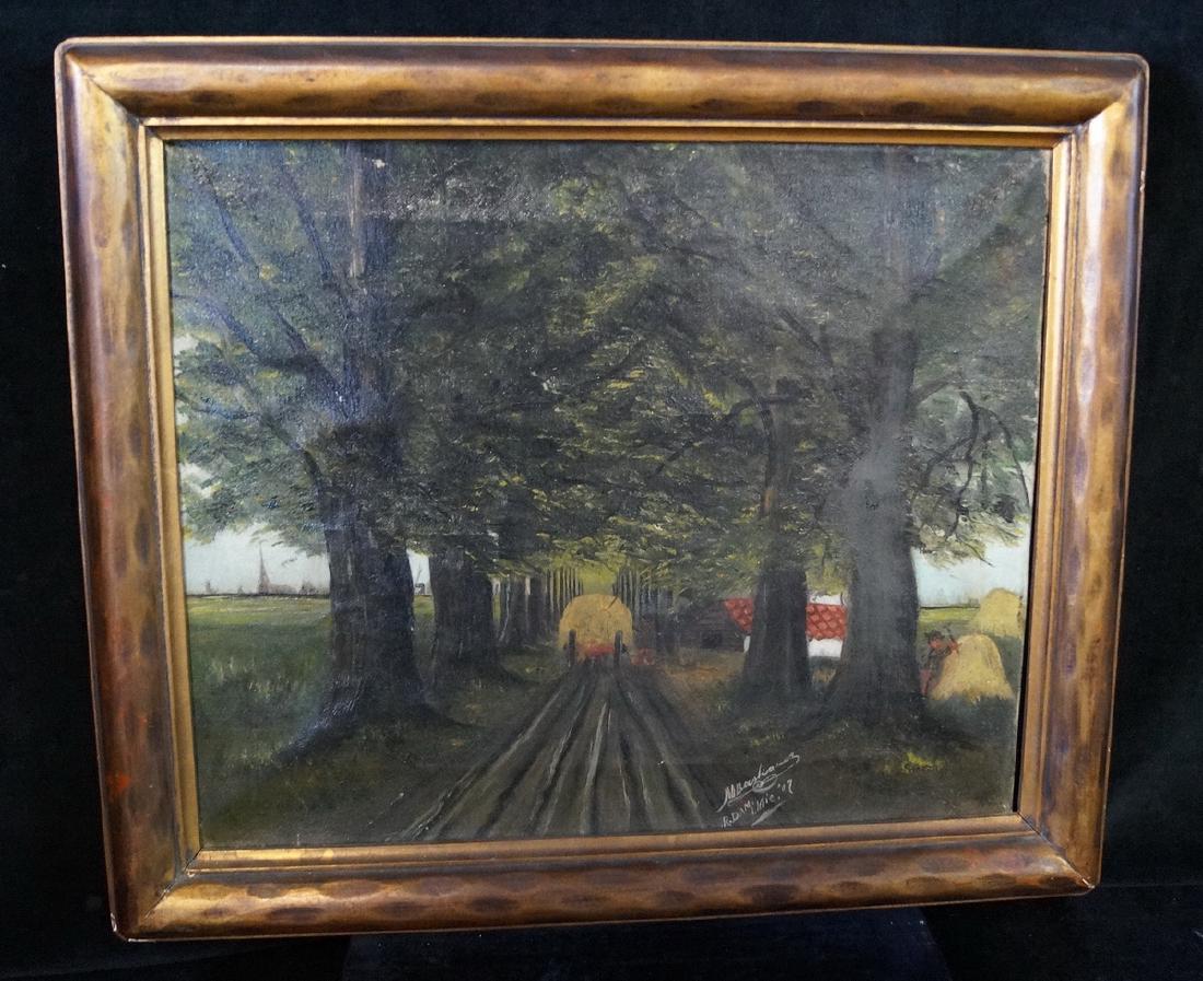 M. BASTIANI SGN. OIL ON CANVAS: M. BASTIANI SGN. OIL ON CANVAS "HAY WAGON ON TREE LINED LANE" 14X18"
