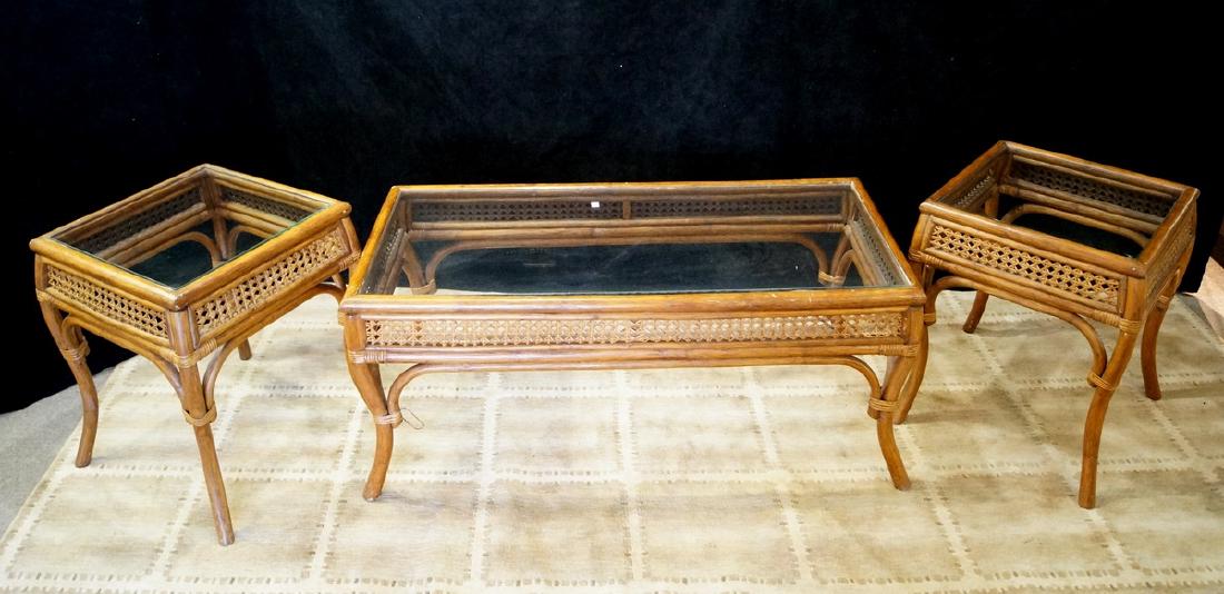3 GLASS TOP RATTAN TABLES, 2 SIDE TABLES & 1 COCKTAIL (1 of 6)