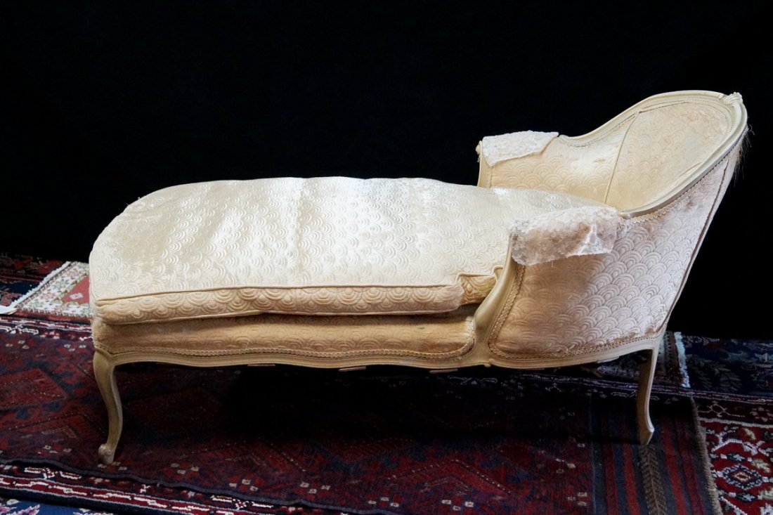 LOUIS XV STYLE CHAISE: LOUIS XV STYLE DOWN CUSHION CHAISE 32"H 57"L 29"W