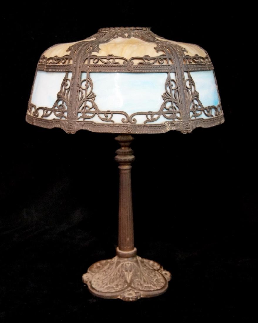 BLUE & BEIGE SLAG GLASS TABLE LAMP (1 of 5)