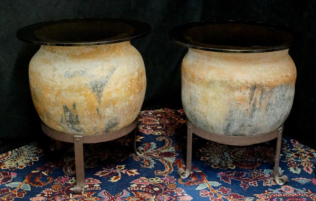 PR. POTTERY JARDINIERES/TABLES W/ IRON BASES (1 of 6)