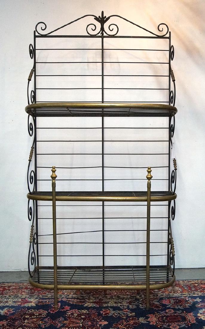 WROUGHT IRON & BRASS BAKERS RACK: WROUGHT IRON & BRASS BAKERS RACK 85"H 42"W 18"D