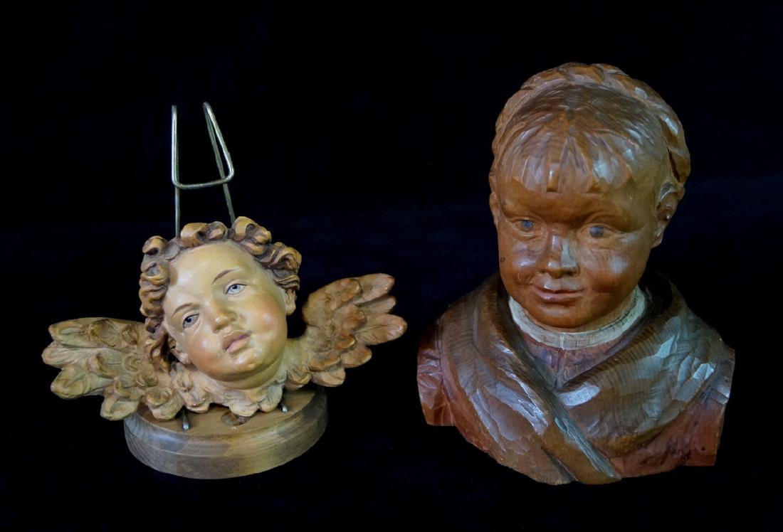 2 CARVED WOOD FIGURES BUST OF A GIRL AND CHERUB W/ (1 of 4)