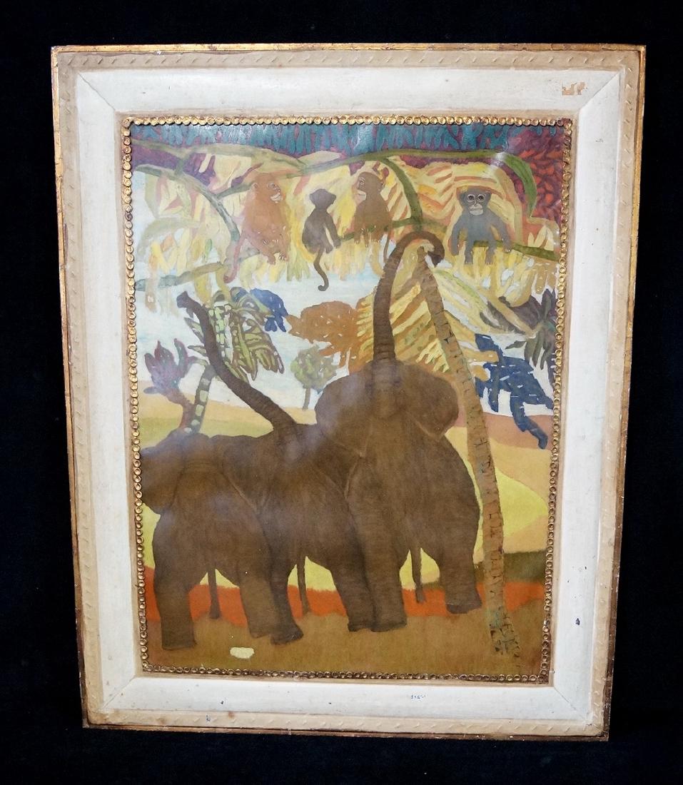 OIL ON BOARD ACETATE "ELEPHANTS & MONKEYS" SGN. SLOANE (1 of 4)