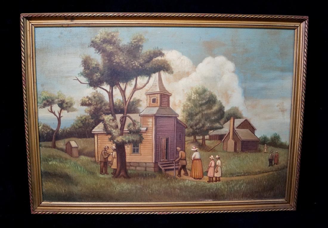 O/B PRIMITIVE FOLK ART PAINTING "KANSAS CHURCH" (1 of 3)