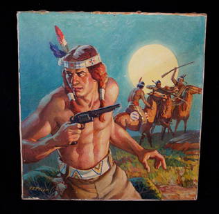 VIRGIL PYLES SGN. ILLUSTRATION O/C "AMERICAN INDIAN W/: VIRGIL PYLES SGN. ILLUSTRATION O/C "AMERICAN INDIAN W/ REVOLVER" 24X23"