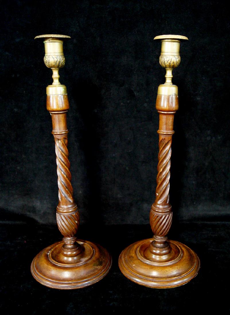 PR. ENGLISH OAK & BRASS BARLEY TWIST CANDLESTICKS (1 of 3)