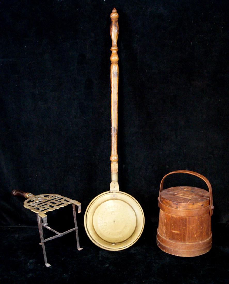 GROUP LOT: EARLY TRIVET, BED WARMER & FIRKIN (1 of 4)