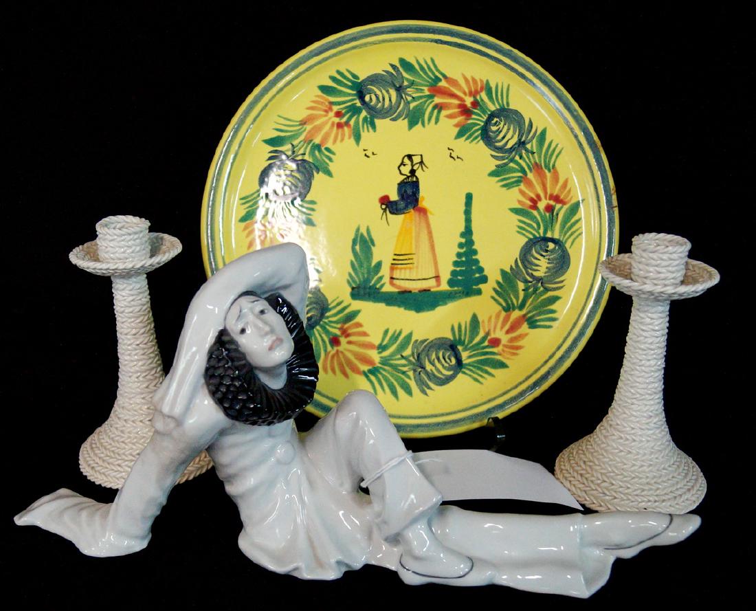 4 PCS.  QUIMPER: HARLEQUIN, PLATTER & PR. CANDLESTICKS (1 of 1)