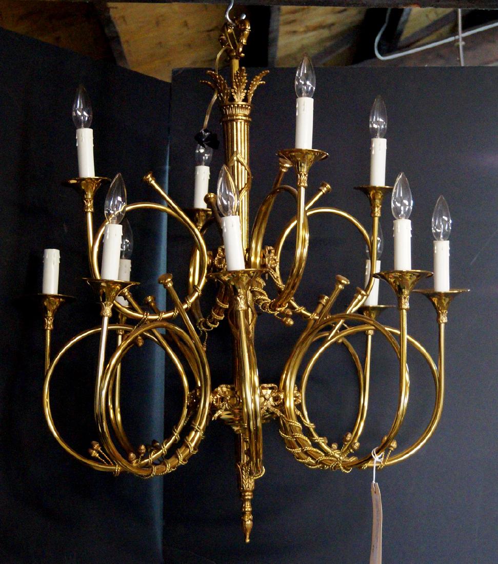 12 LIGHT BRASS 'HUNTING HORN' CHANDELIER (1 of 1)