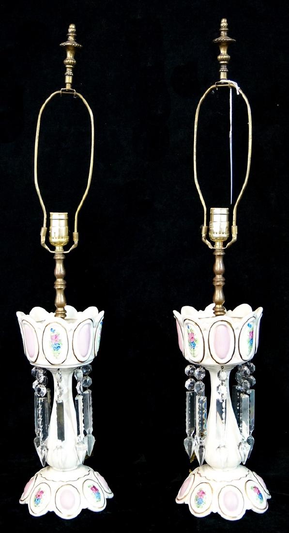 PR. OF PINK & WHITE LUSTRES: PR. PINK & WHITE LUSTRES 21"H WITHOUT HARPS (DMG TOP RIM ON 1)