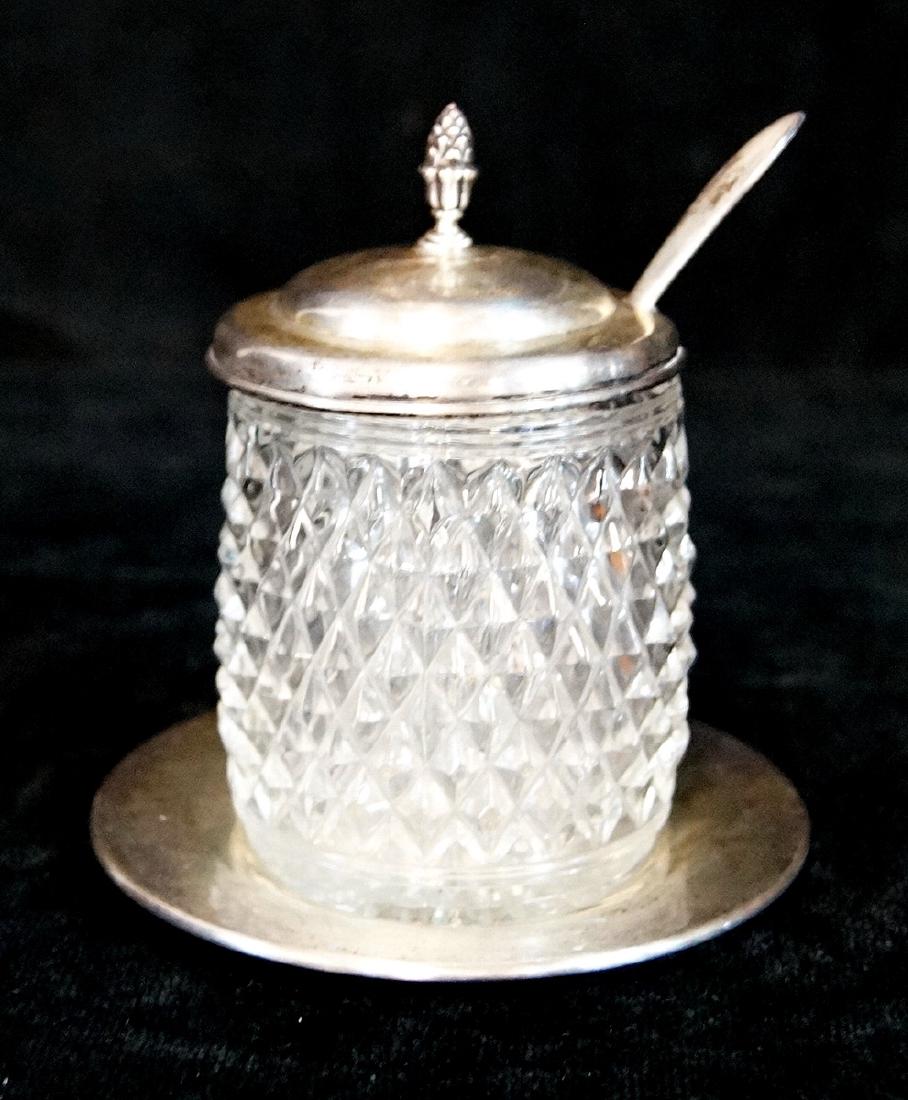 STERLING & CRYSTAL JAM POT WITH UNDERPLATE (1 of 9)