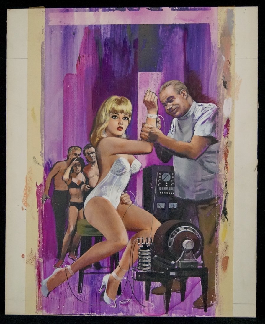 SLEAZE ILLUSTRATION GREENLEAF OIL ON BOARD: SLEAZE ILLUSTRATION ART GREENLEAF COVER OIL ON BOARD "LIE DETECTOR TEST" 18X11"
