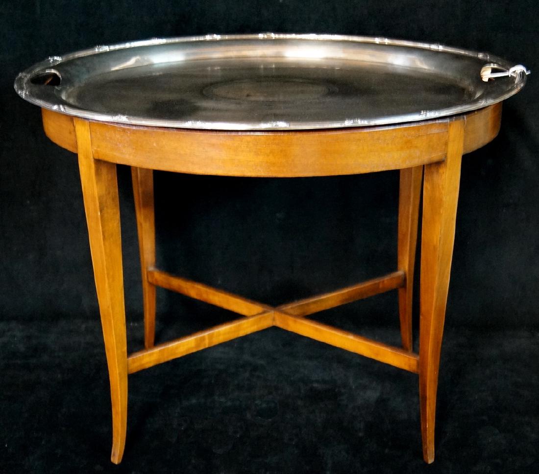 MAHOGANY TRAY TABLE: MAHOGANY TRAY TABLE WITH SILVERPLATE TRAY 19"H 24"W 18"D