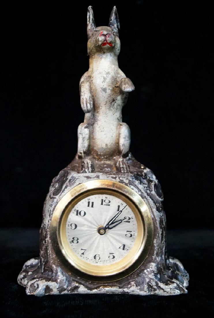 GERMAN RABBIT FIGURAL CLOCK: GERMAN RABBIT FIGURAL METAL CLOCK 7.5"H