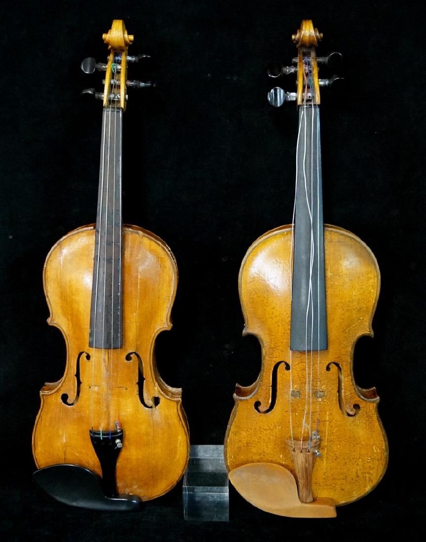 2 UNSIGNED VIOLINS: LOT OF 2 UNSIGNED VIOLINS: 1 W/ PYROGRAPHY BACK PLATE