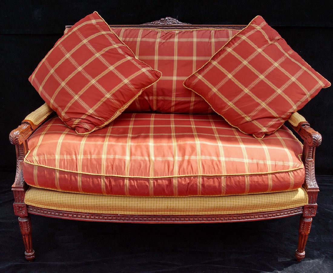 RAYMOND WAITES UPHOLSTERED SETTEE: LOUIS XVI STYLE DOWN CUSHION SETTEE RAYMOND WAITES UPHOLSTERY 39"H 47"W 36"D