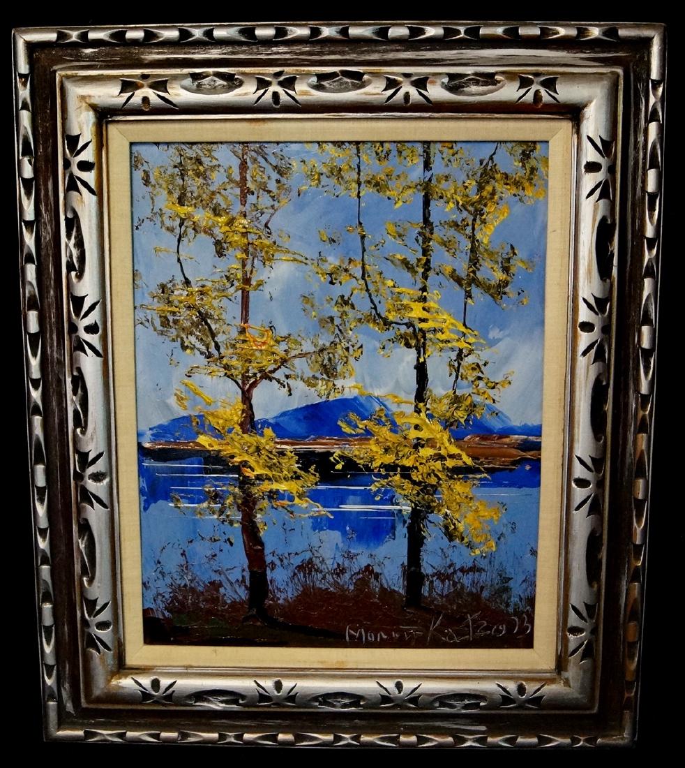 MORRIS KATZ SGN. OIL ON BOARD: MORRIS KATZ SGN. OIL ON BOARD "FALL LANDSCAPE WITH LAKE" 20X16"