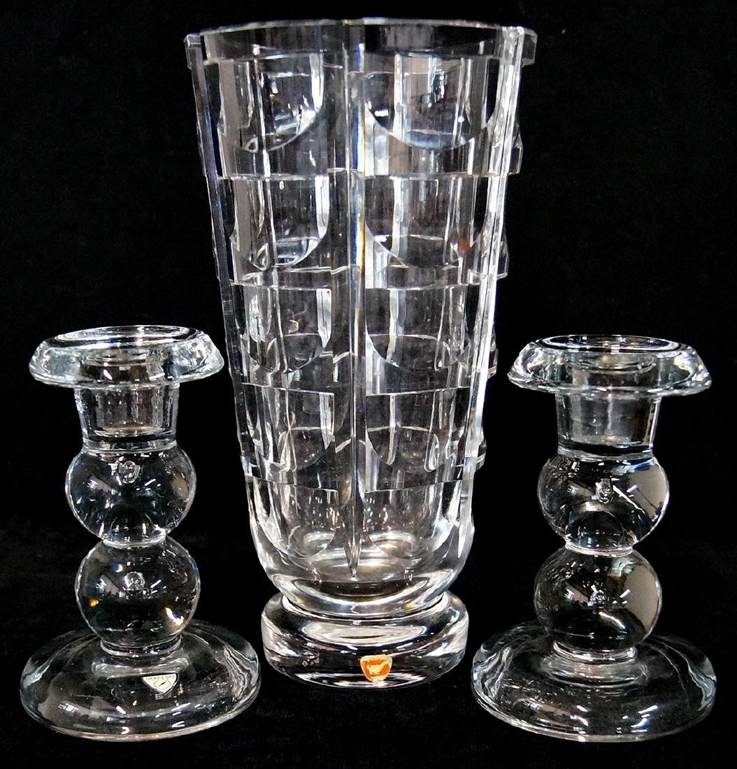 ORREFORS CRYSTAL VASE & PR. CANDLESTICKS: ORREFORS CRYSTAL VASE & PR. CANDLESTICKS 9.5"H TALLEST