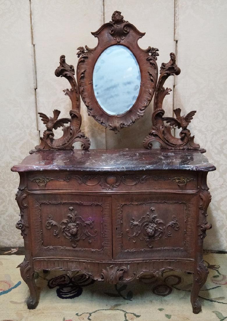 19TH C. ITALIAN CARVED MARBLE TOP MIRRORED COMMODE: 19TH C. ITALIAN CARVED MARBLE TOP MIRRORED COMMODE 62"H X 40"L X 20"D