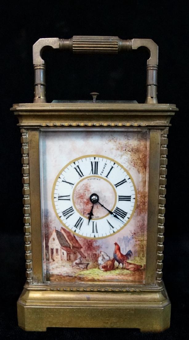 TIFFANY CARRIAGE CLOCK REPEATER W/ SEVRES PORCELAIN: TIFFANY CARRIAGE CLOCK REPEATER W/ SEVRES PORCELAIN PLAQUES & CASE, 7" X 3.5" W X 3" D (INC. HANDLE)