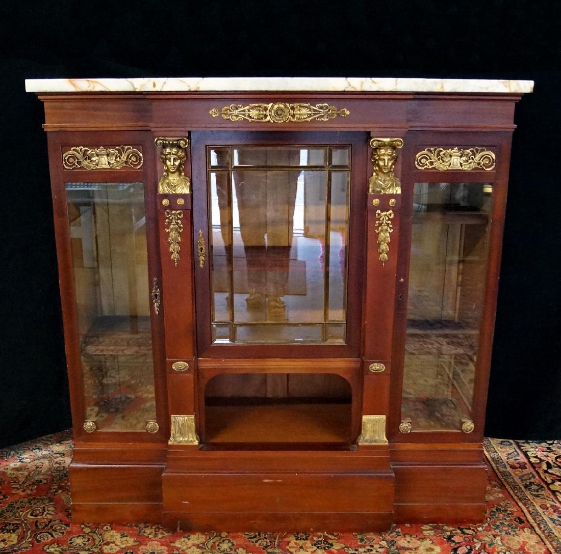 19TH C. FRENCH EMPIRE BRONZE MOUNTED MARBLE TOP VITRINE: 19TH C. FRENCH EMPIRE BRONZE MOUNTED MARBLE TOP VITRINE CABINET 51"H 51"W 18"D