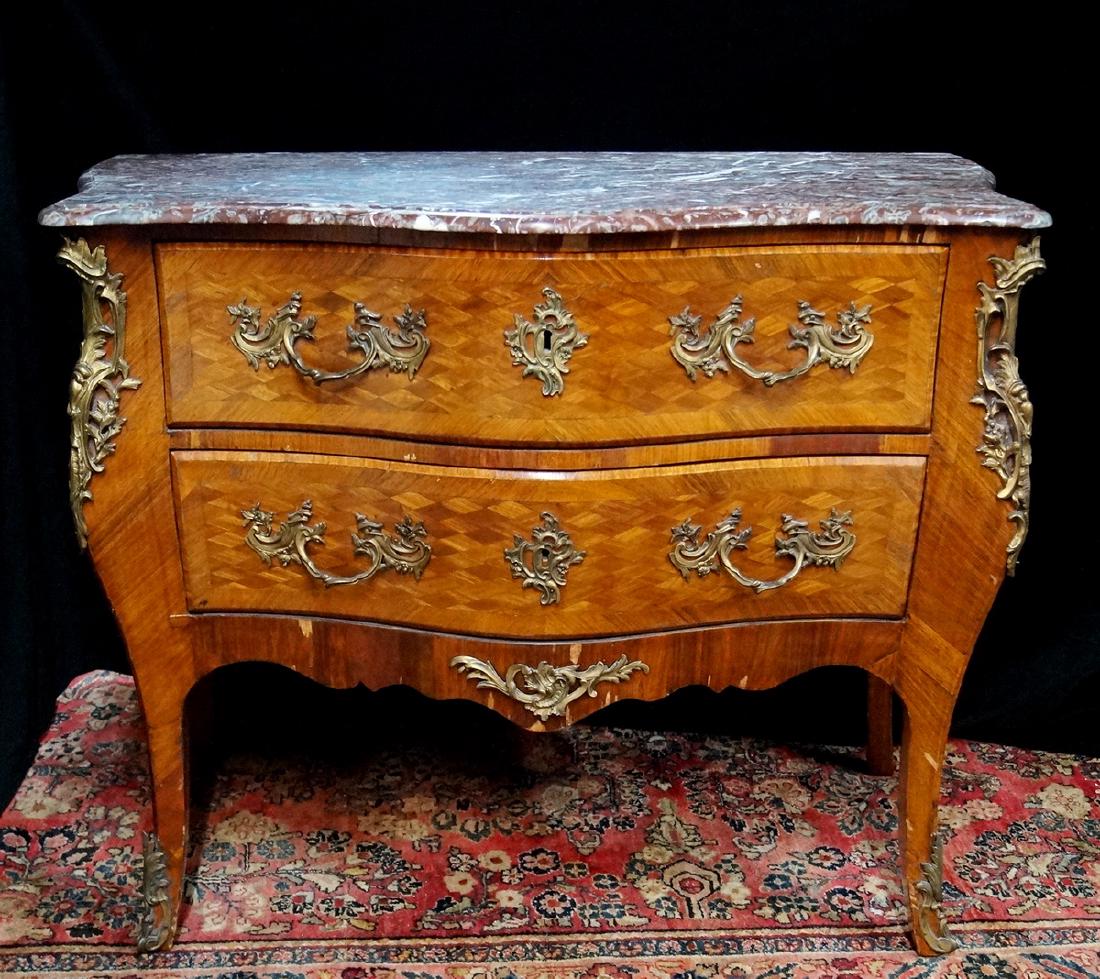 LOUIS XV STYLE INLAID BRONZE MOUNTED MARBLE TOP COMMODE: LOUIS XV STYLE INLAID BRONZE MOUNTED MARBLE TOP COMMODE 36"H 44"W 22"D