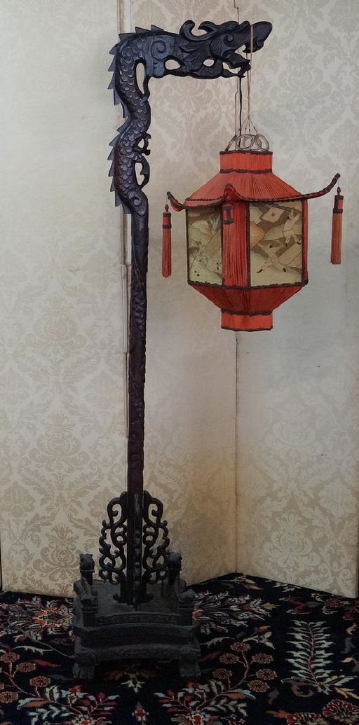 Asian Dragon Floor Lamp With Silk Shade