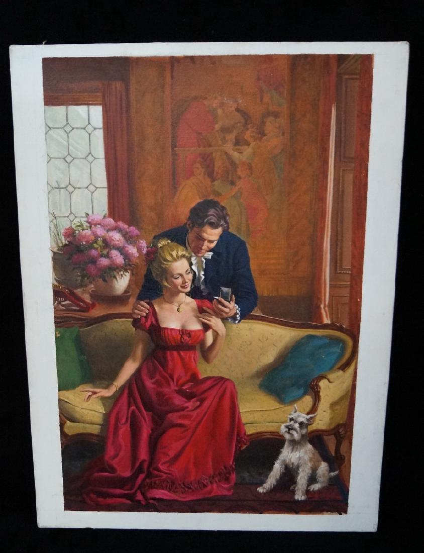 BOB BERRAN SGN. OIL ON CANVAS ROMANCE ILLUSTRATION: BOB BERRAN SGN. OIL ON CANVAS ROMANCE ILLUSTRATION "COUCH WINDOW" 22X15"
