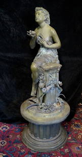 BRONZE FIGURAL FOUNTAIN: WOMAN SEATED ON PEDESTAL: BRONZE FIGURAL FOUNTAIN: WOMAN SEATED ON PEDESTAL 55"H AFTER MOREAU