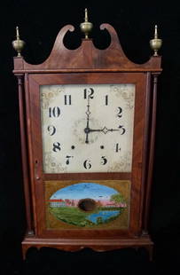 ELI TERRY PILLAR & SCROLL REVERSE PAINTED CLOCK "HOUSE: ELI TERRY PILLAR & SCROLL REVERSE PAINTED CLOCK "HOUSE W/LAKE" 39.5" X 17