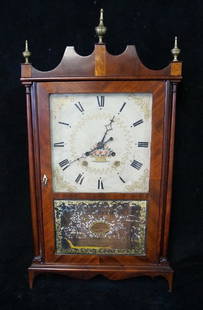 ELI TERRY PILLAR & SCROLL CLOCK W/FLORAL DIAL: ELI TERRY PILLAR & SCROLL CLOCK W/FLORAL DIAL 31 X 17