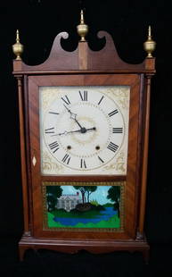 EARLY 19TH C. ELI & SAMUEL TERRY PILLAR & SCROLL CLOCK: EARLY 19TH C. ELI & SAMUEL TERRY PILLAR & SCROLL CLOCK W/ BROKEN ARCH PEDIMENT & EGLOMISE PAINTING & PAPER LABEL 31"H