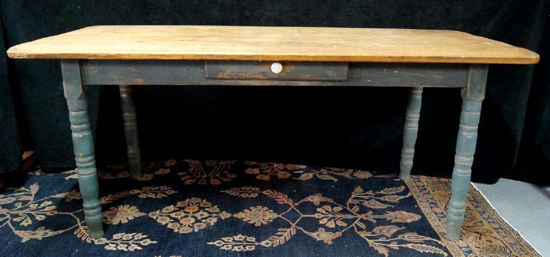 19TH C. AMERICAN 1 DRAWER PAINT DECORATED FARM TABLE: 19TH C. AMERICAN 1 DRAWER PAINT DECORATED FARM TABLE 30"H 71.5"L 35"D