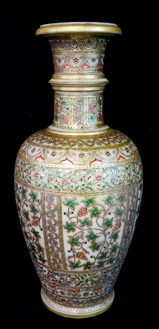 ALABASTER ENAMEL DECORATED VASE: ALABASTER ENAMEL DECORATED VASE 27"H