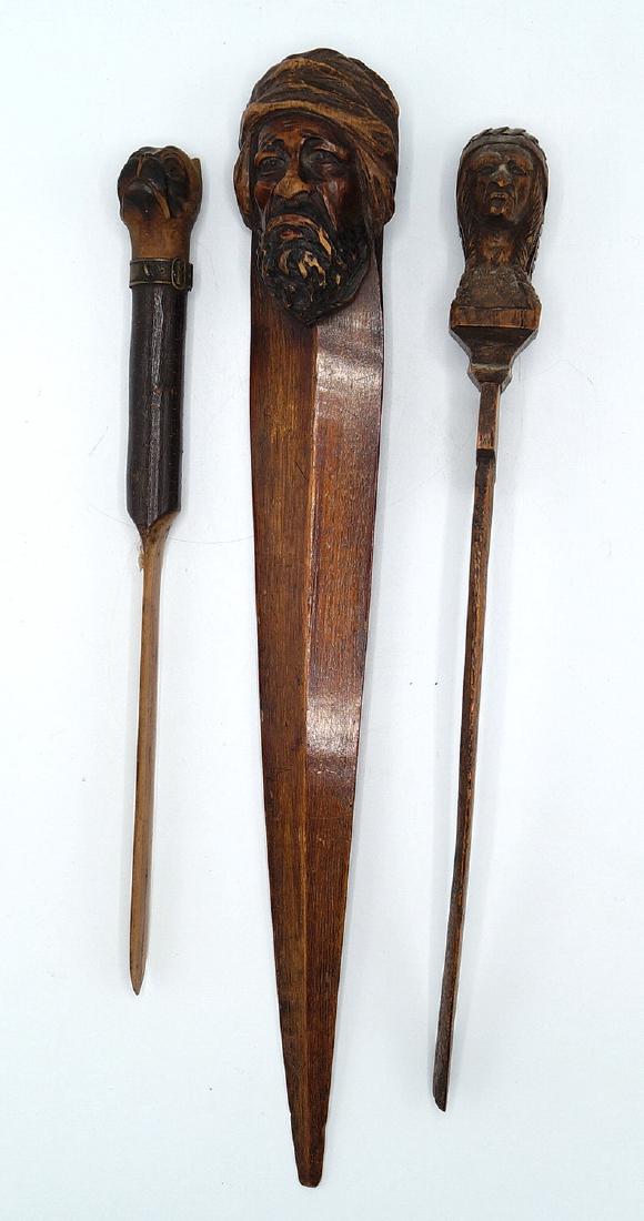 GROUP 3 FIGURAL CARVED PAGE TURNERS (INDIAN, DOG, ARAB): GROUP 3 FIGURAL CARVED PAGE TURNERS (INDIAN, DOG, ARAB) 16" LONGEST