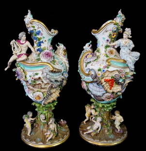 PR. LARGE 19TH C. MEISSEN (?) FIGURAL URNS: PR. LARGE 19TH C. MEISSEN (?) FIGURAL URNS 29.5\"H