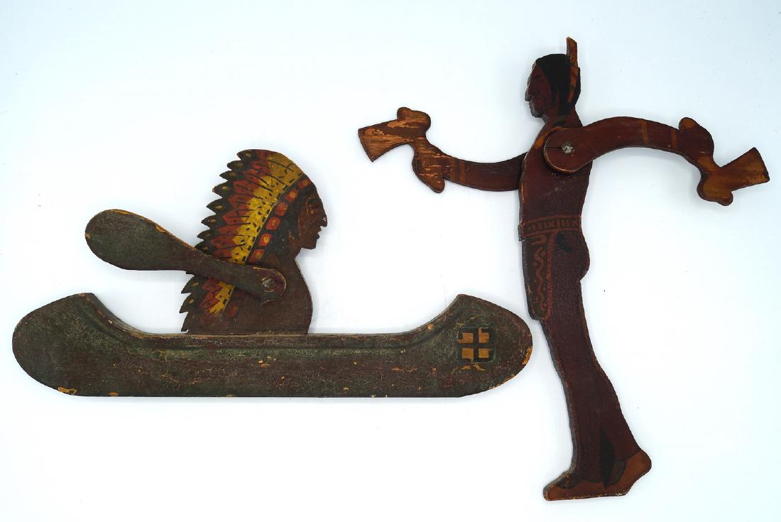 2 CARVED WOOD & PAINTED NATIVE AMERICAN WHIRLY-GIG;: 2 CARVED WOOD & PAINTED NATIVE AMERICAN WHIRLY-GIG; TALLEST 13"H