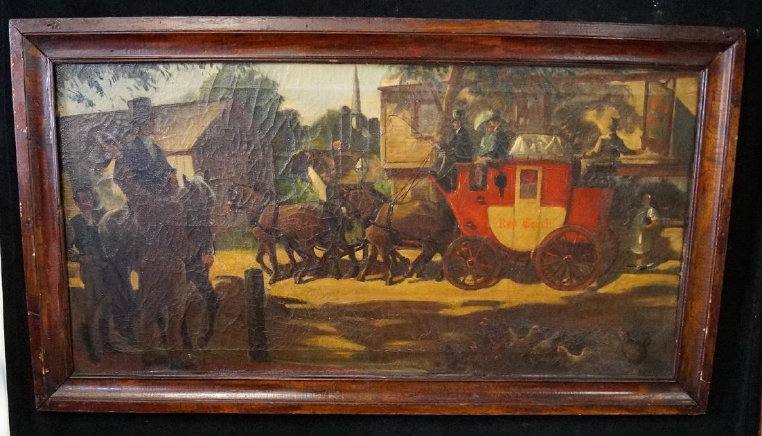 OIL ON CANVAS SIGNED "STAGE COACH" 20 X 39": OIL ON CANVAS SIGNED "STAGE COACH" 20 X 39"