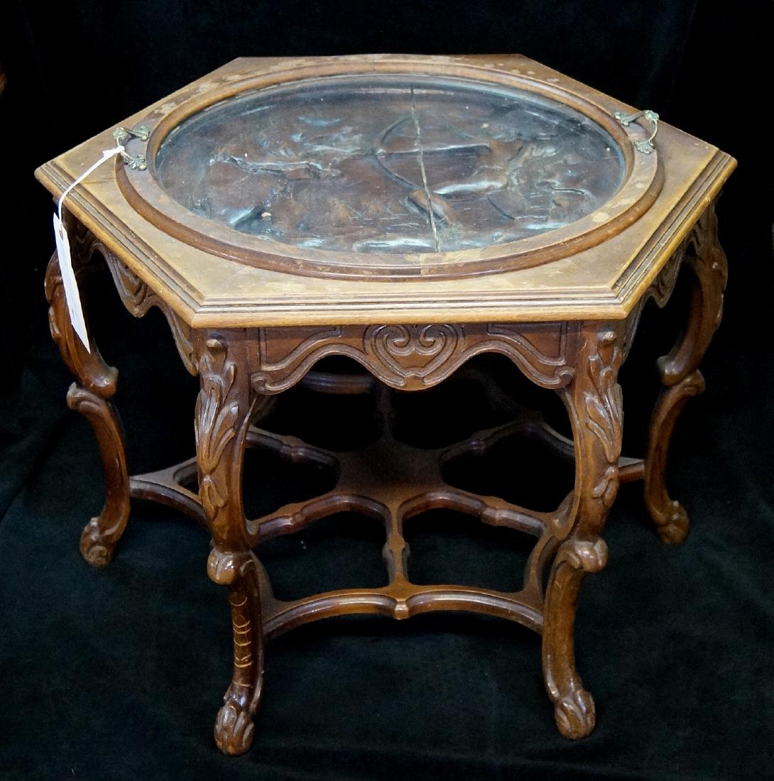 WALNUT TRAY TOP TABLE W/INDIAN MOTIF: WALNUT TRAY TOP TABLE W/INDIAN MOTIF 18.5"H 26"W