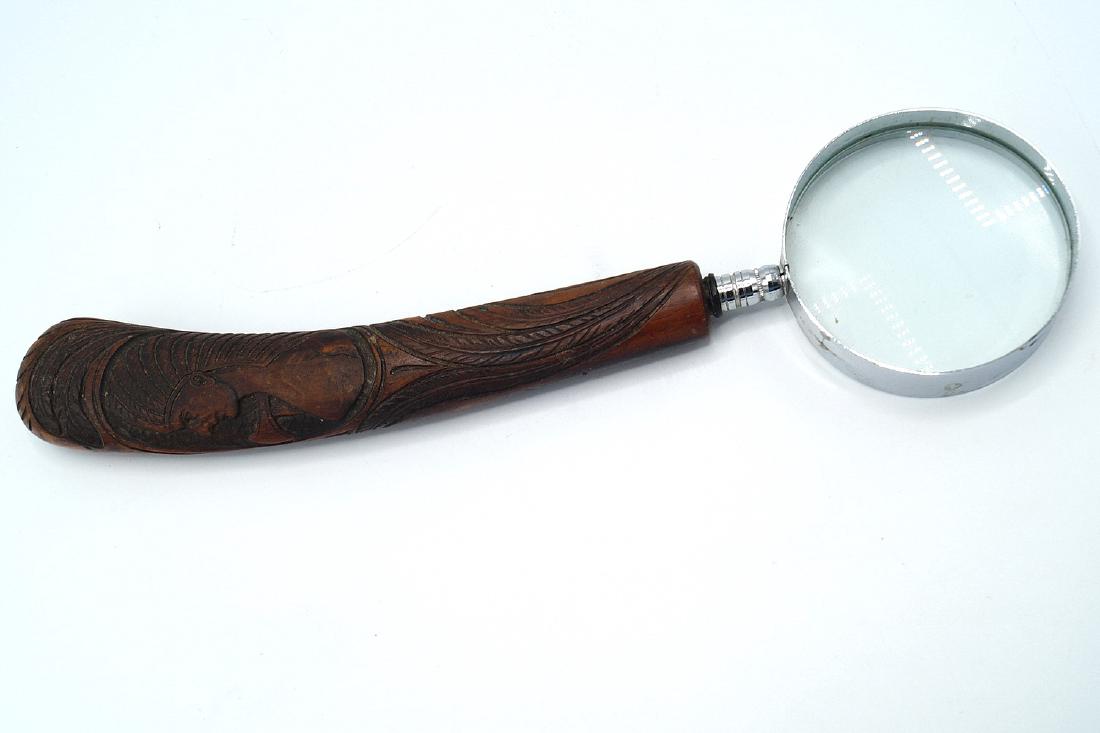CARVED WOOD HANDLE MAGNIFYING GLASS: CARVED WOOD HANDLE MAGNIFYING GLASS, 12" L