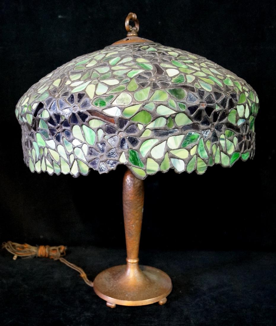 HANDEL LAMP W/ SGN. BASE & FLORAL LEADED GLASS SHADE (1 of 7)