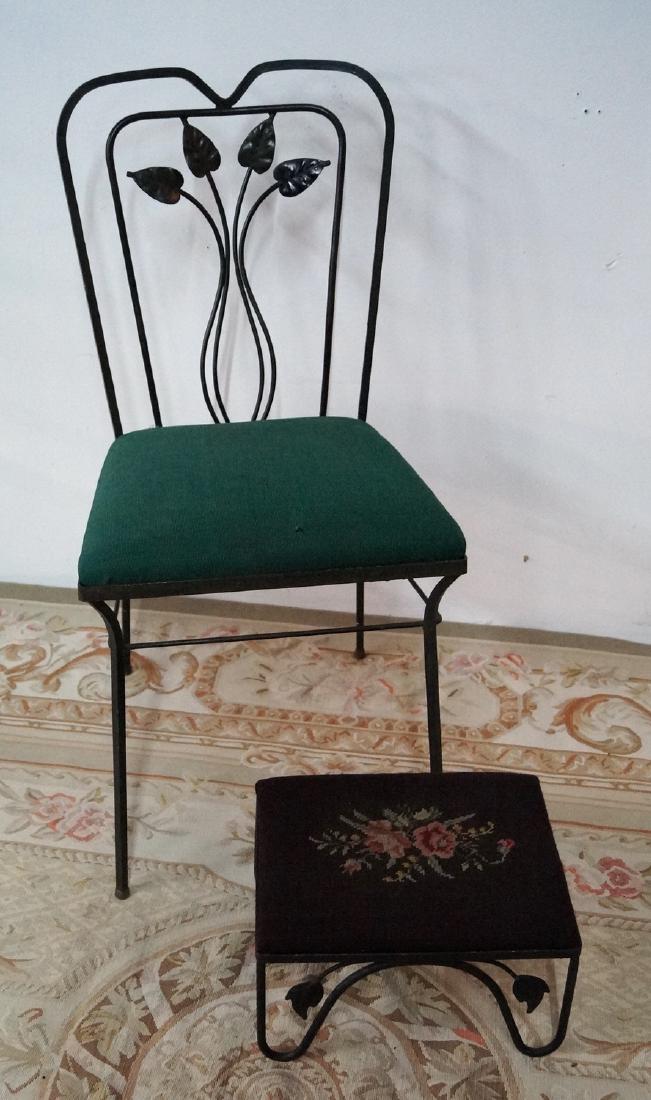 WROUGHT IRON SIDE CHAIR & NEEDLEPOINT STOOL (1 of 5)
