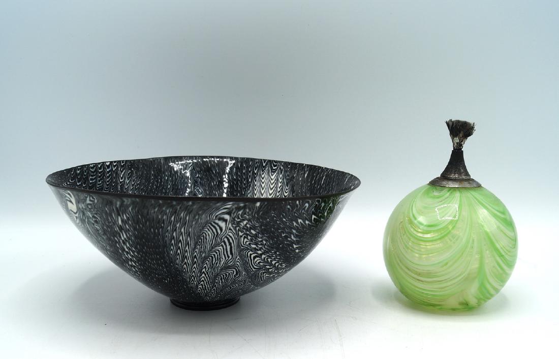BETH FORER BOWL & VENETIAN GLASS OIL LAMP: BETH FORER PORCELAIN BOWL & VENETIAN GLASS OIL LAMP; BOWL 3.5"H 8"DIA.